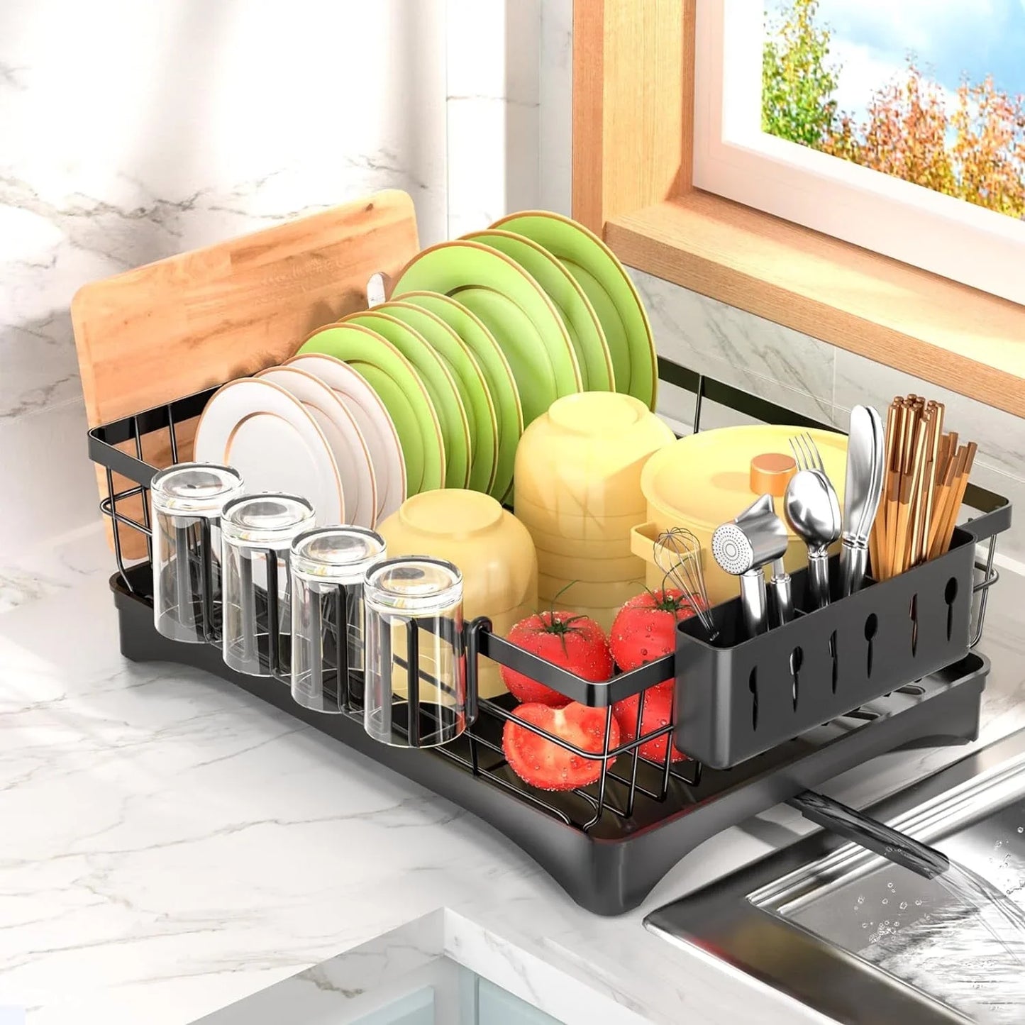 AOKIWO Dish Drying Rack, Durable Stainless Steel Large Dish Rack Kitchen Counter Dish Drainer with Drainboard Over Sink for Cups, Knives, Spoons, and Forks (L16.9"*W12.5")