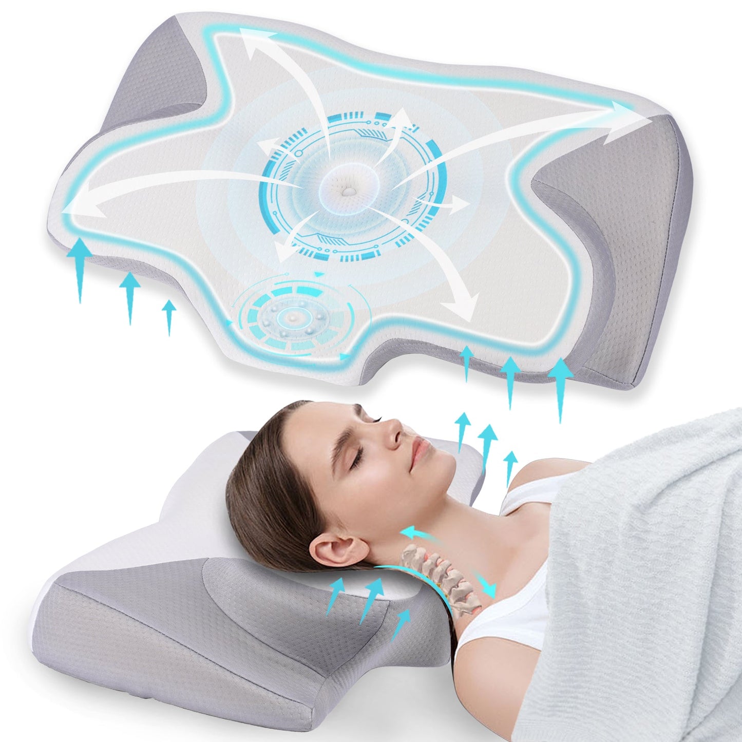 Cervical Pillow for Neck Pain Relief, Contour Memory Foam, Ergonomic Orthopedic Neck Support Pillow for Side, Back &amp; Stomach Sleepers with Breathable Pillowcase, Grey