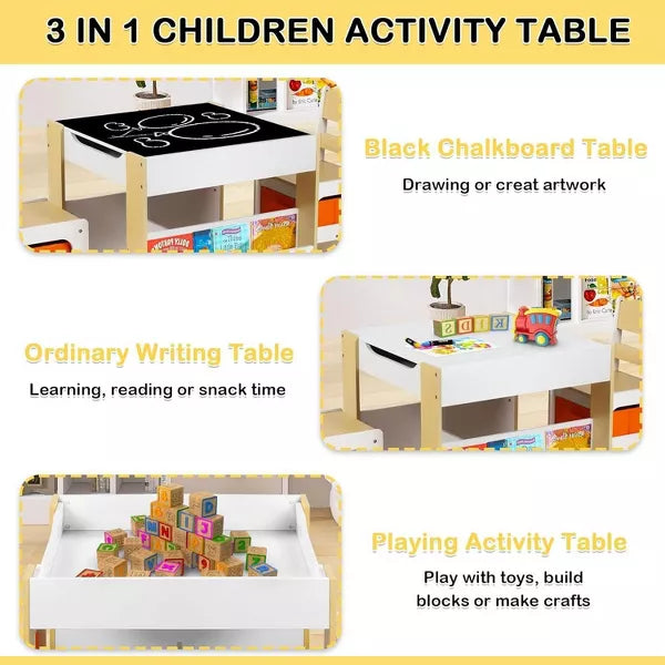 Kinder King Kids Wood Table & 2 Chairs Set, 4 in 1 Children Activity Table w/Double Bookcase, Blackboard, Toddler Furniture Set