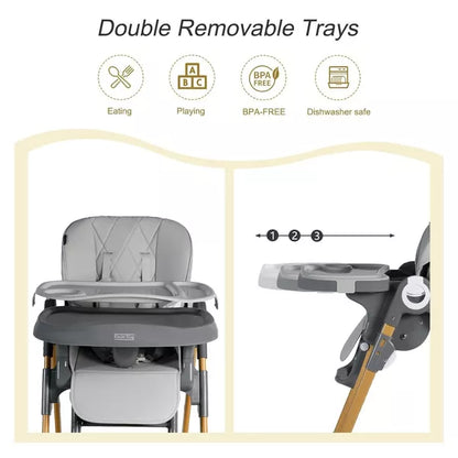Kinder King Foldable 3 in 1 High Chair for Babies & Toddlers, Converts to Toddler Chair, Adjustable Height, Recline, Double Trays, Easy to Clean, Gray