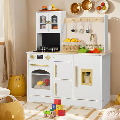 Kinder King Wooden Kids Play Kitchen, Toy Kitchen Playset for Toddler, Realistic Kitchen Sets w/Lights & Sounds, Gift for Boys Girls Age 3+
