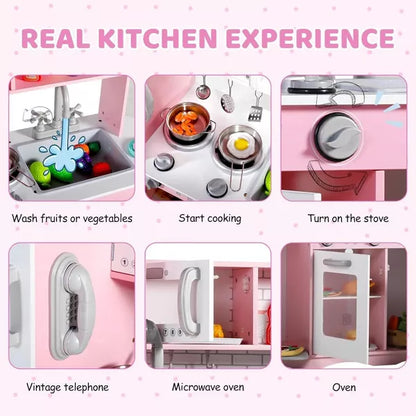 Kinder King Wooden Kids Play Kitchen, Toy Kitchen Playset for Toddler, Pretend Oven, Microwave, Realistic Kitchen Sets for Boys Girls Age 3+