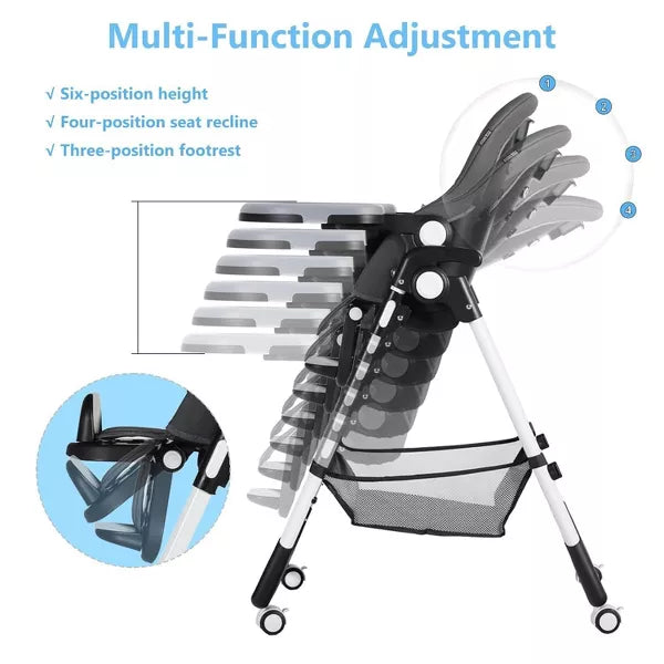 Kinder King Foldable High Chair for Babies & Toddlers, Adjustable Height, Recline, Storage Basket, Detachable Trays, 4 Lockable Wheels