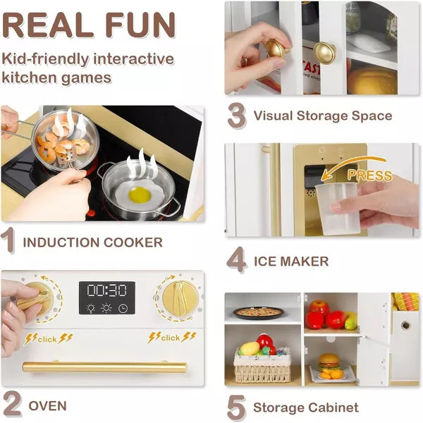 Kinder King Wooden Kids Play Kitchen, Toy Kitchen Playset for Toddler, Realistic Kitchen Sets w/Lights & Sounds, Gift for Boys Girls Age 3+