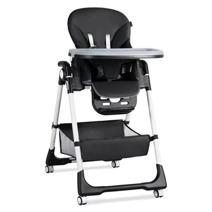 Kinder King Foldable High Chair for Babies & Toddlers, Adjustable Height, Recline, Storage Basket, Detachable Trays, 4 Lockable Wheels