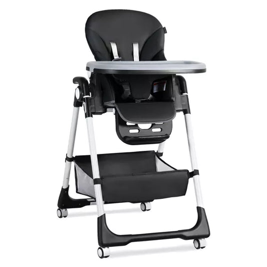 Kinder King Foldable High Chair for Babies & Toddlers, Adjustable Height, Recline, Storage Basket, Detachable Trays, 4 Lockable Wheels