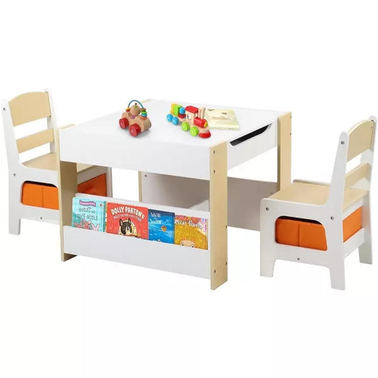 Kinder King Kids Wood Table & 2 Chairs Set, 4 in 1 Children Activity Table w/Double Bookcase, Blackboard, Toddler Furniture Set