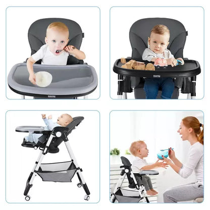 Kinder King Foldable High Chair for Babies & Toddlers, Adjustable Height, Recline, Storage Basket, Detachable Trays, 4 Lockable Wheels