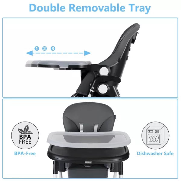 Kinder King Foldable High Chair for Babies & Toddlers, Adjustable Height, Recline, Storage Basket, Detachable Trays, 4 Lockable Wheels