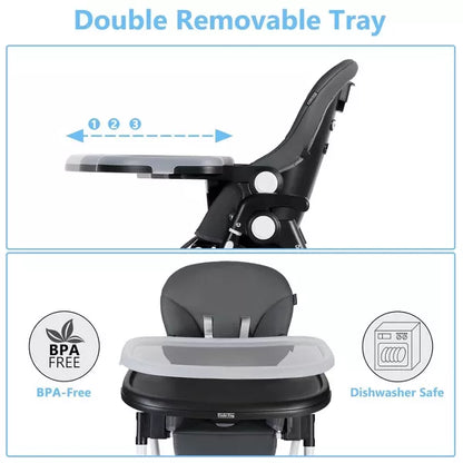 Kinder King Foldable High Chair for Babies & Toddlers, Adjustable Height, Recline, Storage Basket, Detachable Trays, 4 Lockable Wheels