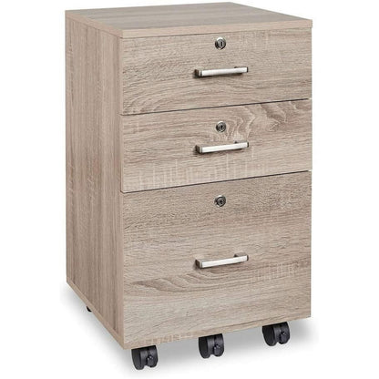 Ktaxon 3-Drawer Rolling Wood File Cabinet with Lock, Portable Vertical Mobile Wooden Storage, Business Filing Cabinet for Home Office,Oak