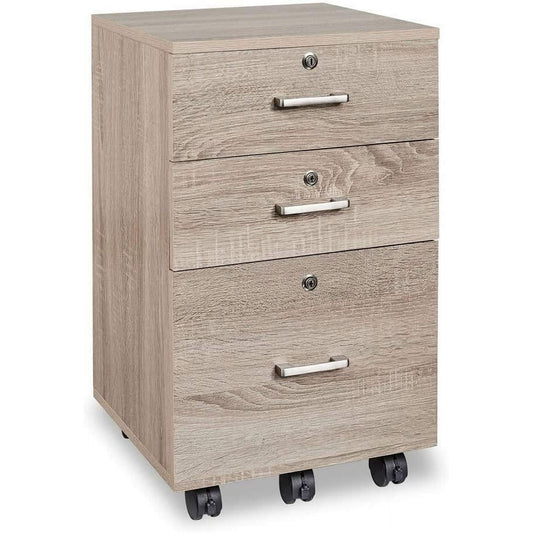 Ktaxon 3-Drawer Rolling Wood File Cabinet with Lock, Portable Vertical Mobile Wooden Storage, Business Filing Cabinet for Home Office,Oak