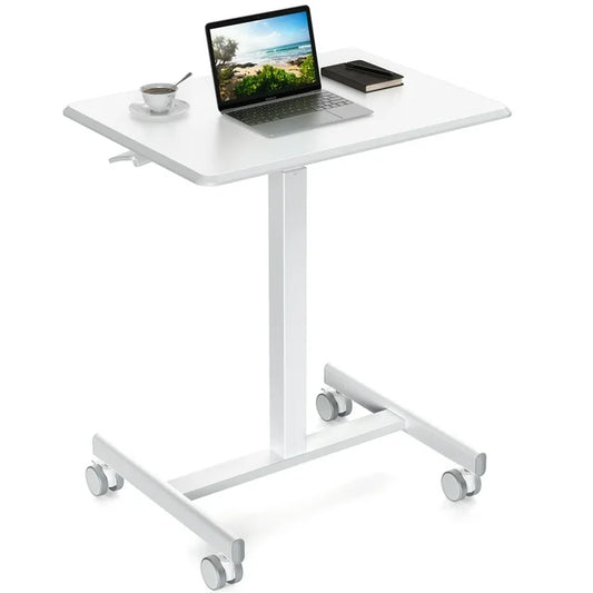 Mobile Rolling Standing Desk - Overbed Table, Teacher Podium with Wheels, Adjustable Work Table, Rolling Desk Laptop Computer Cart for Home, Office, Classroom - White