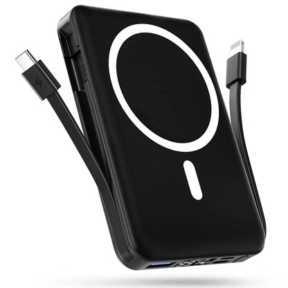 Podoru Wireless Portable Charger, 10000mAh Magnetic Power Bank Built-in USB C Lighting Cables 22.5W PD Fast Charging LED Display Battery Pack for for iPhone 16/15/14/13/12 - Black