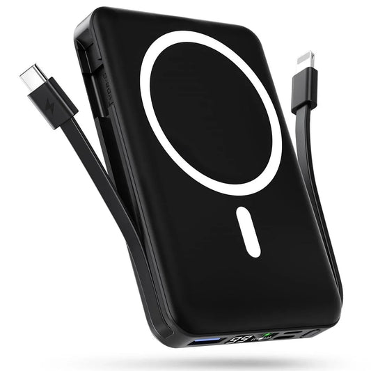 Podoru Wireless Portable Charger, 10000mAh Magnetic Power Bank Built-in USB C Lighting Cables 22.5W PD Fast Charging LED Display Battery Pack for for iPhone 16/15/14/13/12 - Black