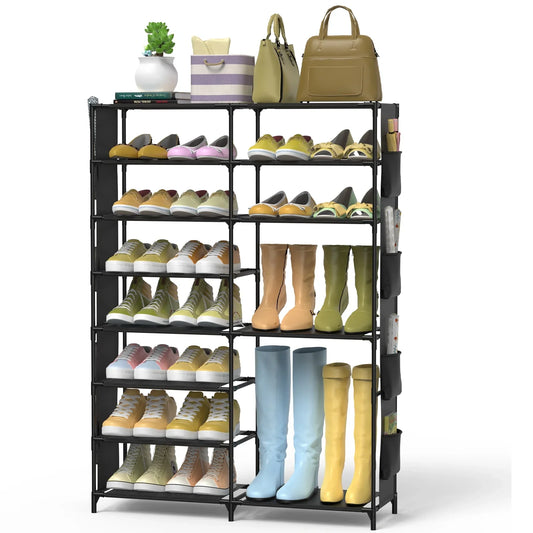 Shoe Rack, 8 Tier Large Shoe Organizer with 2 Side Pockets, Metal 22-26 Pairs Tall Shoe Storage Shelf, Shoe & Boots Cabinet for Closet Entryway Bedroom, Black