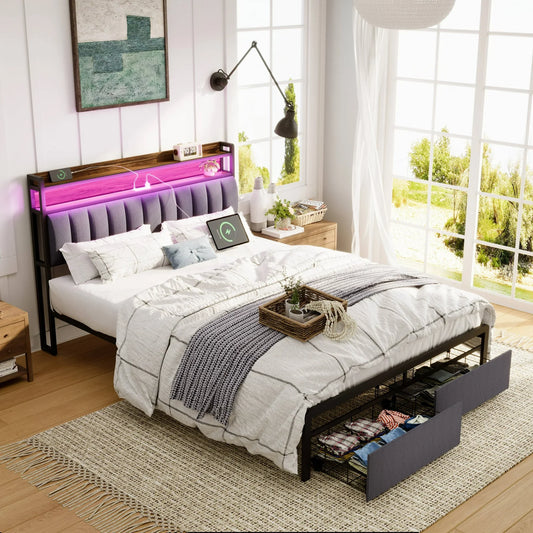 VLDTDRDI 1100LBS Queen Bed Frame with USB Charging Station,LED Upholstered Platform Bed Frame with Storage Headboard and 2 Drawers, Metal Queen Light up Bed Frame, Noise Free,Easy Assembly