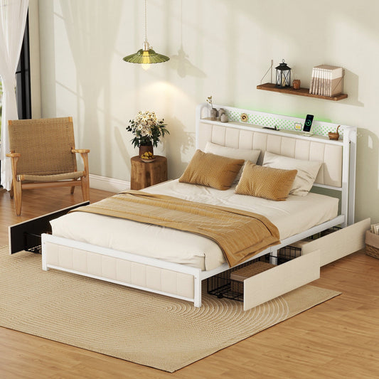 VLDTDRDI 500LBS Queen Bed Frame with LED Lights,Linen Upholstered Platform Bed with 4 Drawers and USB Ports,Heavy Duty Queen Size Metal Platform Bed,Beige