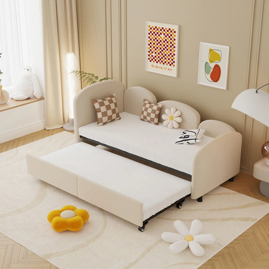 VLDTDRDI Twin Size Daybed with Trundle,Velvet Upholstered Sofa Bed Daybed Frame,Solid Wood Daybed for Bedroom Living Room Kids Room