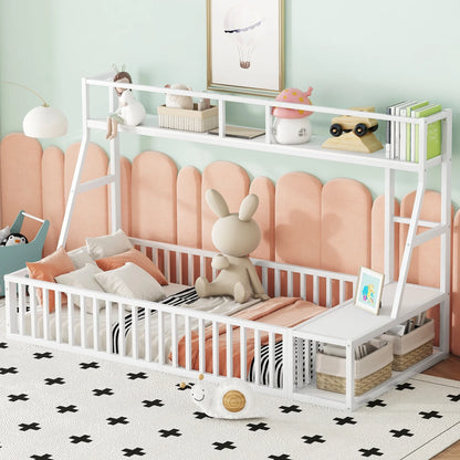 VLDTDRDI Twin Size Toddler Floor Bed with Desk and Storage Shelves,Playhouse Floor Bed Frame for Kids,Metal Floor Bed Twin Size with Safety Guardrails,Bed Twin Size for Girls,Boys
