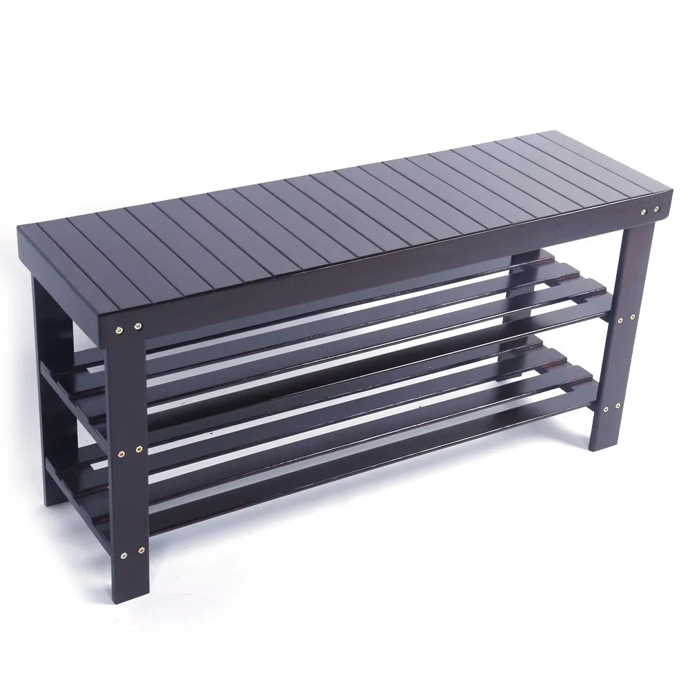 Zimtown 36" 3 Tier Solid Bamboo Shoe Bench Storage Racks Seat Organizer for Entryway Hallway Kids, Coffee