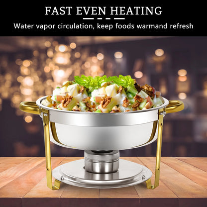 PRIJESSE 6 Qt Gold Chafing Dishes for Buffet with Stainless Steel Lid, Round Chafing Dish Buffet Set with Food and Water Pans for Catering, Parties, Hotels and Weddings, 4 Pack
