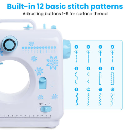 Sewing Machine with Extension Table, Portable Sewing Machine with Accessory Kit, LED Light, 12 Built-in Stitches, Sewing Kit for Household Use, Perfect for Beginners, Blue