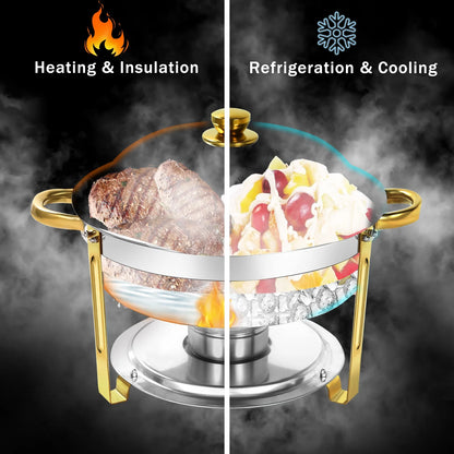 PRIJESSE 6 Qt Gold Chafing Dishes for Buffet with Stainless Steel Lid, Round Chafing Dish Buffet Set with Food and Water Pans for Catering, Parties, Hotels and Weddings, 4 Pack