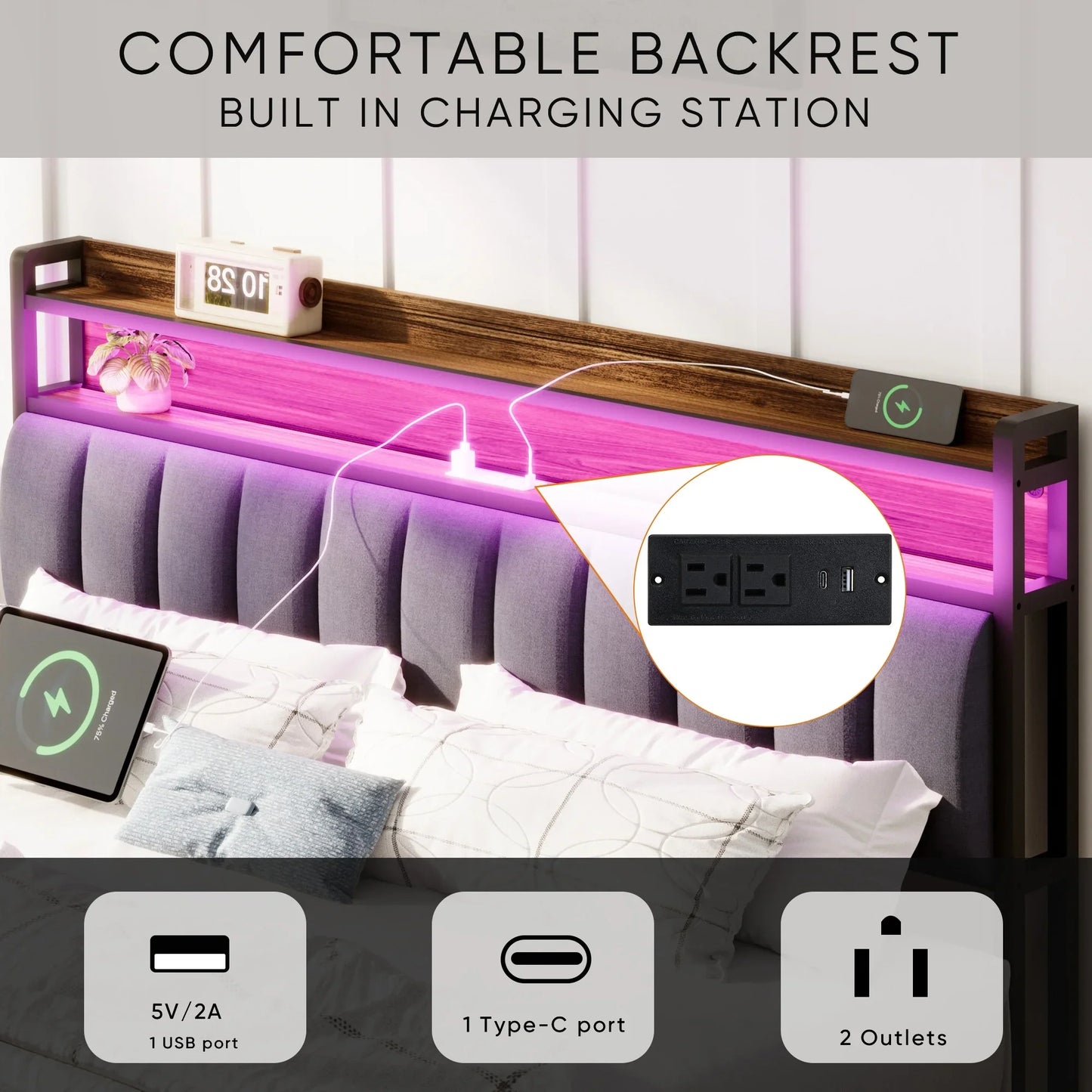 VLDTDRDI 1100LBS Queen Bed Frame with USB Charging Station,LED Upholstered Platform Bed Frame with Storage Headboard and 2 Drawers, Metal Queen Light up Bed Frame, Noise Free,Easy Assembly
