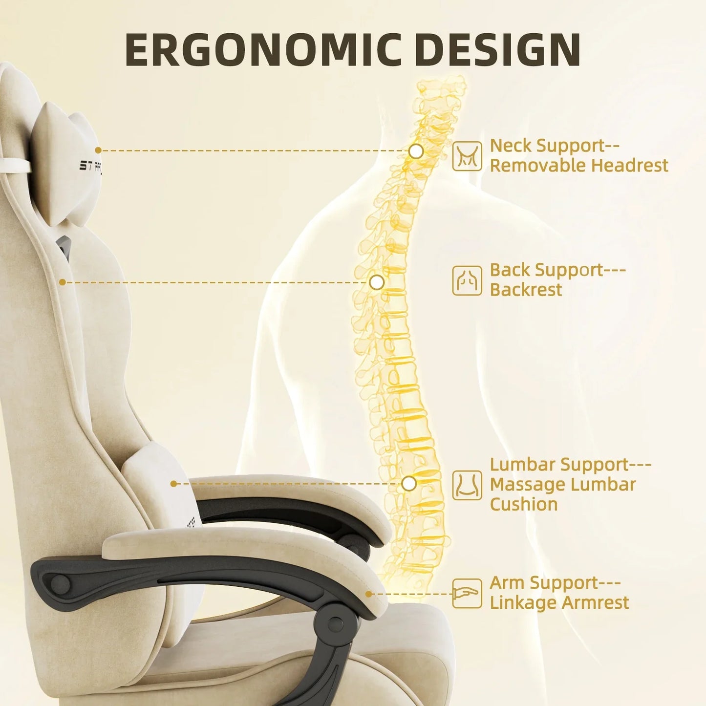 Luxvie Velvet Fabric Gaming Chair with Footrest High Back Ergonomic Gamer Chair with Headrest and Massage Lumbar Cushion Racing Reclining Video Game Chair for Adults Kids, Beige