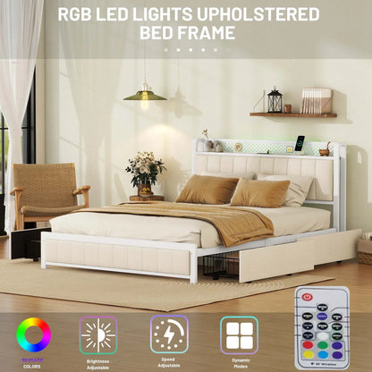 VLDTDRDI 500LBS Queen Bed Frame with LED Lights,Linen Upholstered Platform Bed with 4 Drawers and USB Ports,Heavy Duty Queen Size Metal Platform Bed,Beige