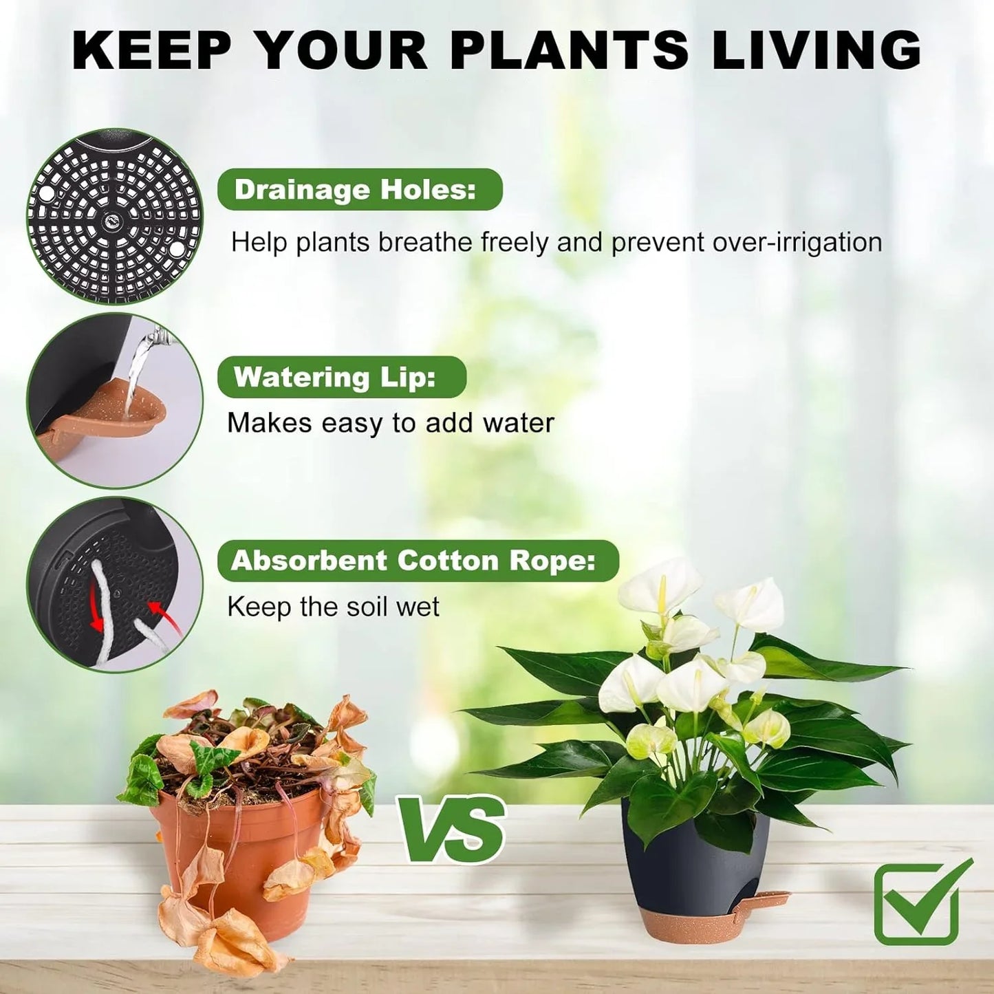 Katinyos 5Pack Self Watering Plant Pots with Drainage Hole and Water Storage, 7/6.5/6/5.5/5 inch Self Watering Planters, Self-Watering Indoor Planters for Flower, Plants, Herbs, Cactus