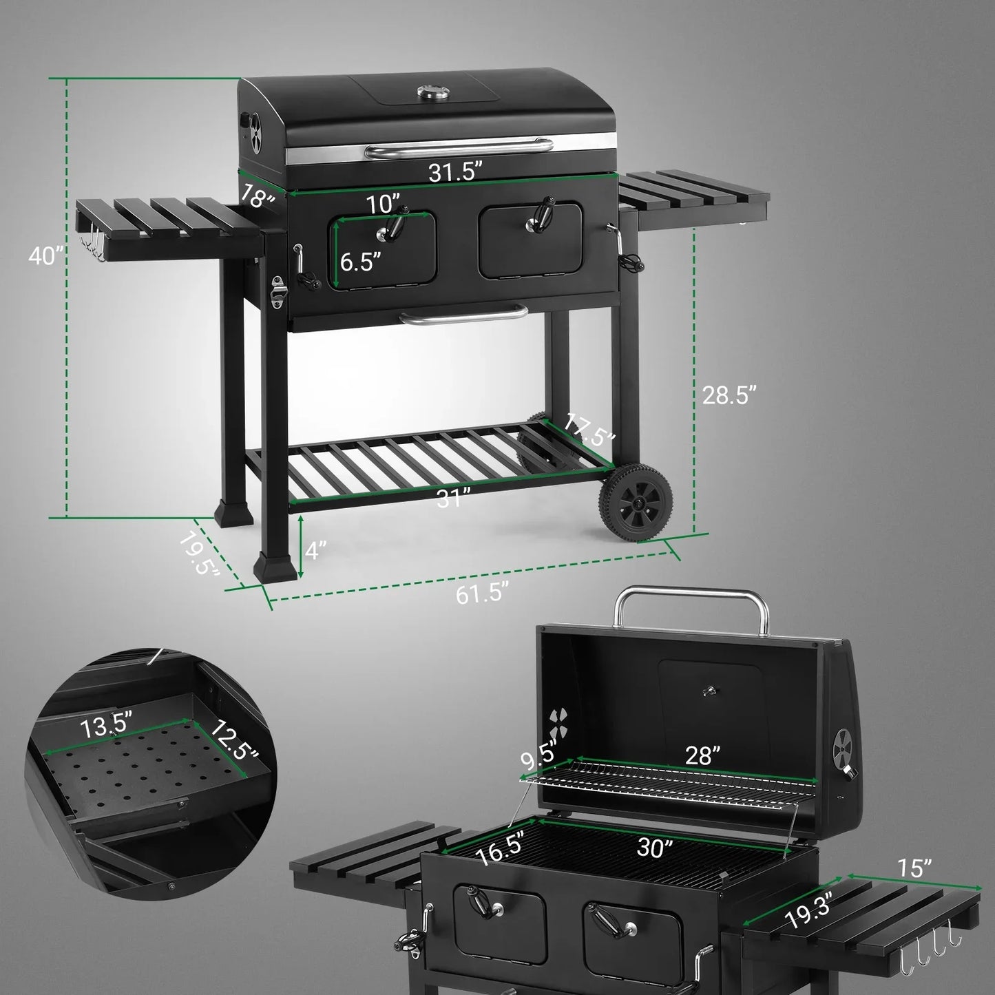 Ktaxon BBQ Grill Outdoor Charcoal Grill Smoker Large-sized Barbecue Grill with 2 Charcoal Doors for Patio,Backyard,Garden