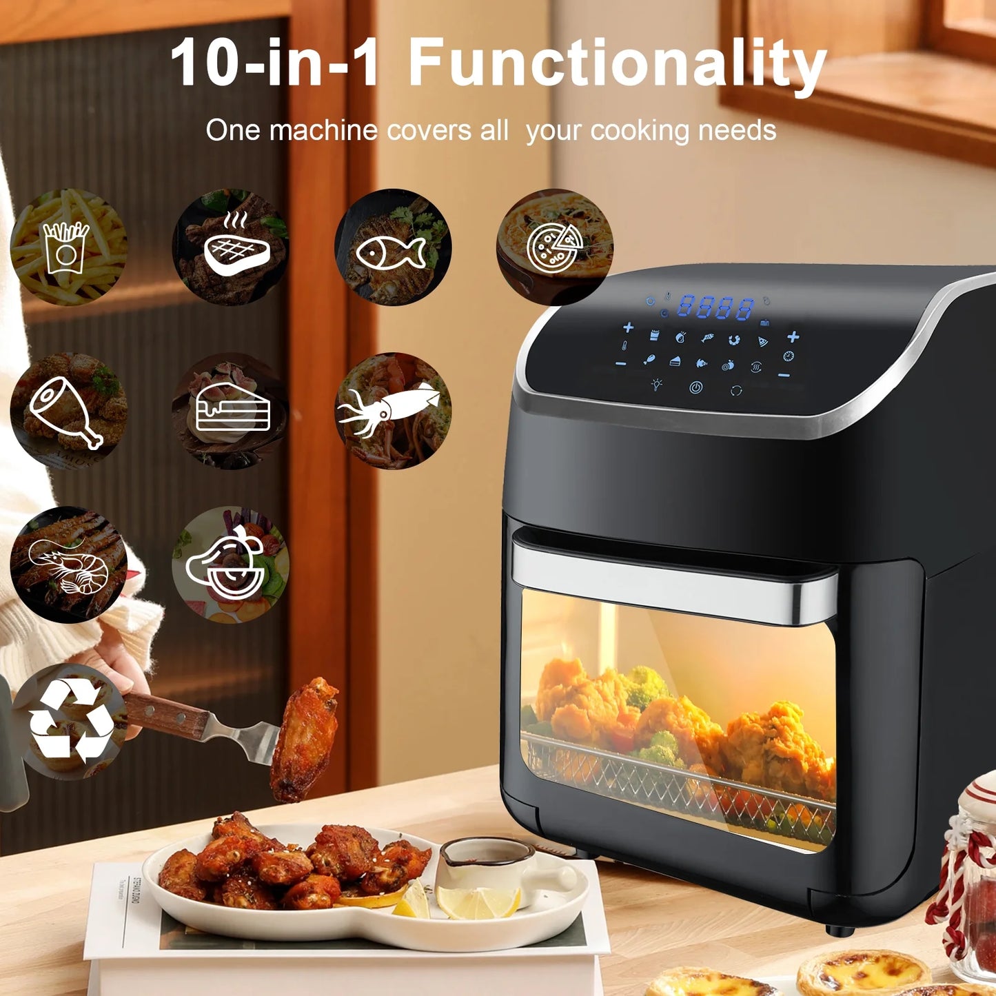 Jacgood XL 13QT Multifunctional Digital Air Fryer+ Rotisserie, Dehydrator, Convection Oven, 10 Touch Screen Presets Fry, Roast, Dehydrate, Bake, Large Family Size，Easy-View Window, Black