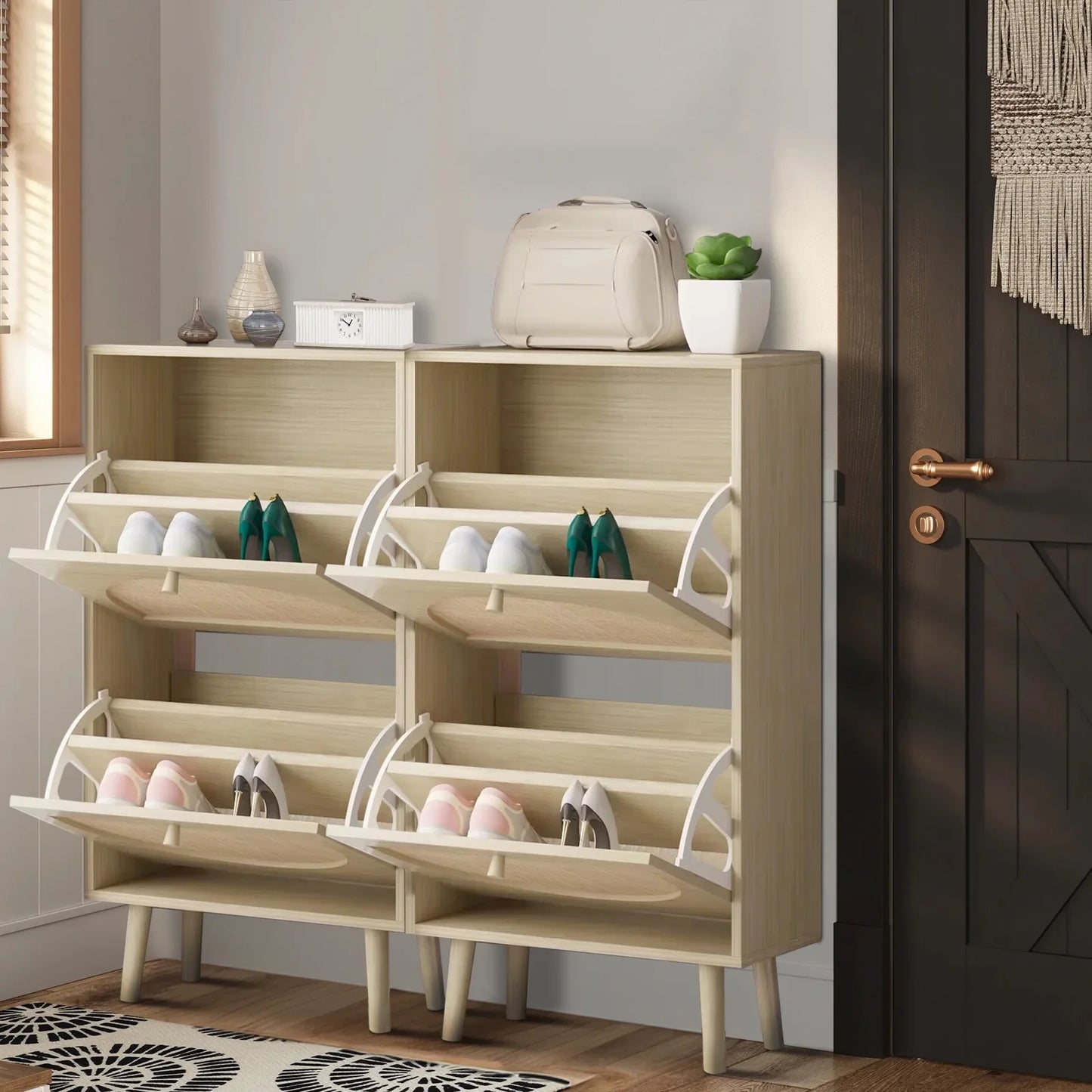 Ktaxon Shoe Storage Cabinet with 2 Flip Drawers, Natural Rattan Entryway Shoe Organizer Rack Wooden for Entryway Hallway, Bedroom, Living Room, Apartment